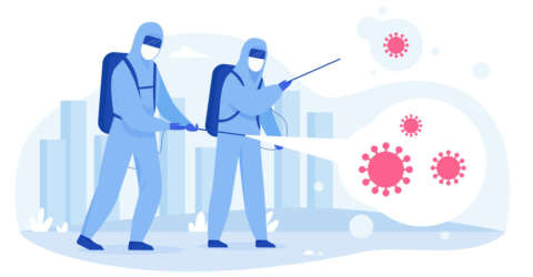 Scientists in hazmat suits sanitizing, cleaning and disinfecting city streets from Covid-19 corona virus. Epidemic coronavirus pandemia concept flat vector illustration.